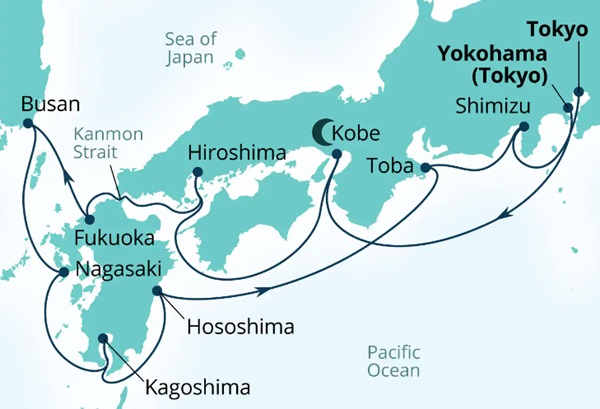 Carte de l’itinéraire Seabourn Encore, Yokohama, Japon → Yokohama, Japon