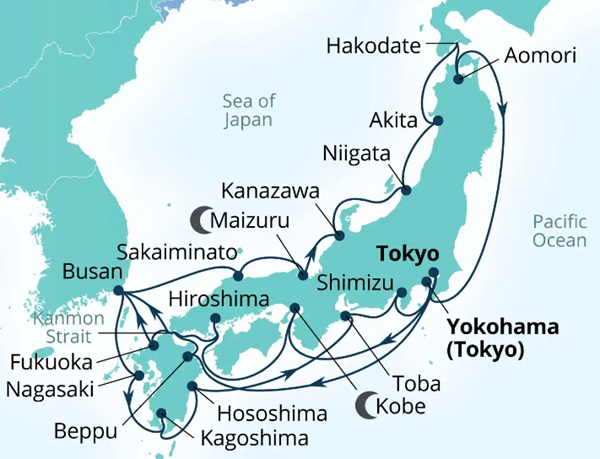 Carte de l’itinéraire Seabourn Encore, Yokohama, Japon → Tokyo, Japon