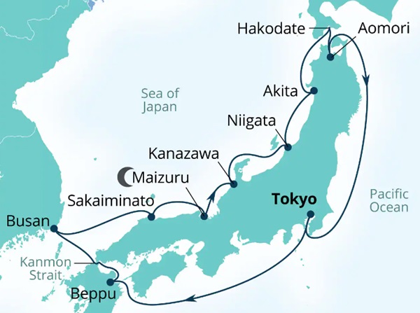 Carte de l’itinéraire Seabourn Encore, Yokohama, Japon → Tokyo, Japon