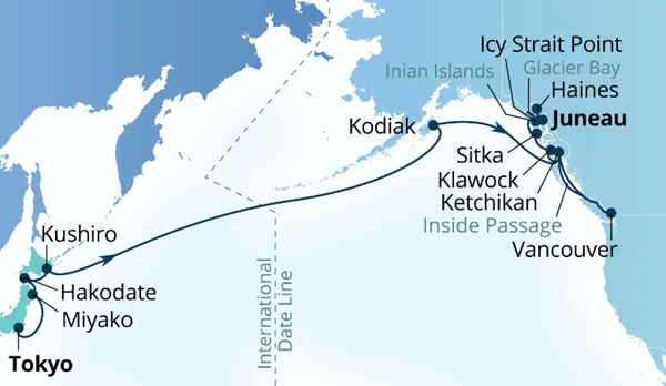 Carte de l’itinéraire Seabourn Encore, Tokyo, Japon → Juneau, Alaska, États-Unis