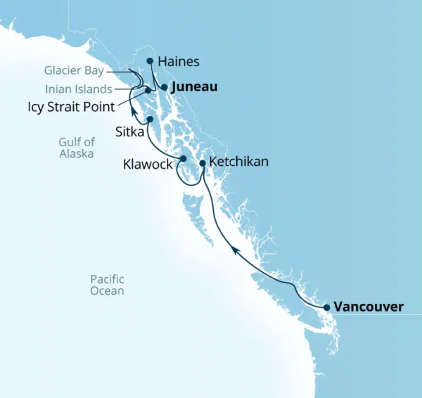 Carte de l’itinéraire Seabourn Encore, Vancouver, B.C., CA → Juneau, Alaska, États-Unis