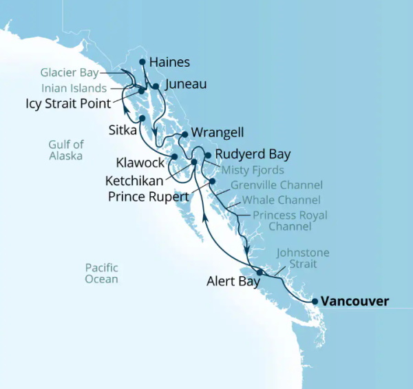Carte de l’itinéraire Seabourn Encore, Vancouver, B.C., CA → Vancouver, B.C., CA