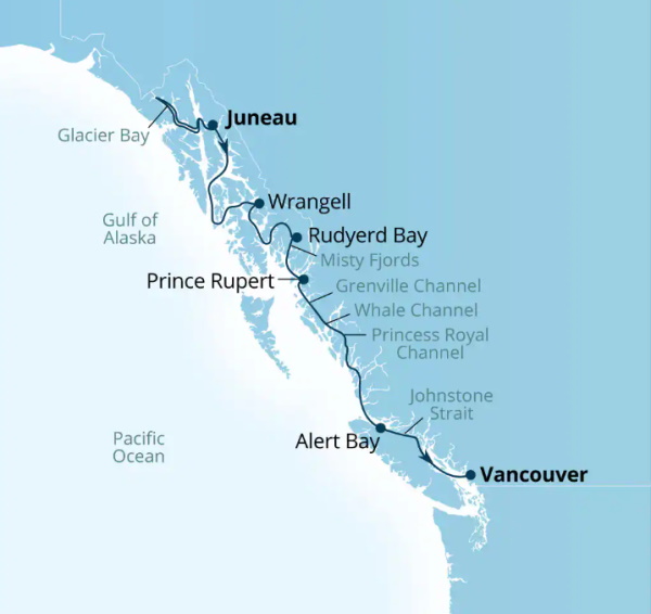 Carte de l’itinéraire Seabourn Encore, Juneau, Alaska, États-Unis → Vancouver, B.C., CA