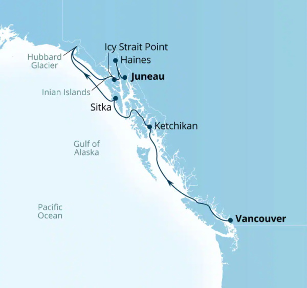 Carte de l’itinéraire Seabourn Encore, Vancouver, B.C., CA → Juneau, Alaska, États-Unis