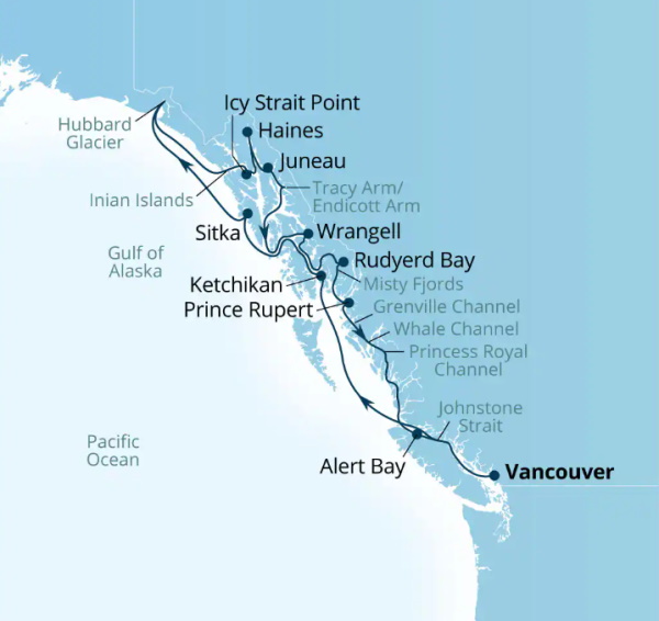 Carte de l’itinéraire Seabourn Encore, Vancouver, B.C., CA → Vancouver, B.C., CA