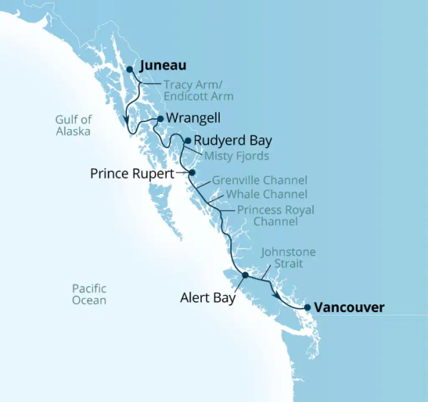 Carte de l’itinéraire Seabourn Encore, Juneau, Alaska, États-Unis → Vancouver, B.C., CA