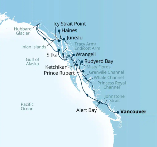 Carte de l’itinéraire Seabourn Encore, Vancouver, B.C., CA → Vancouver, B.C., CA