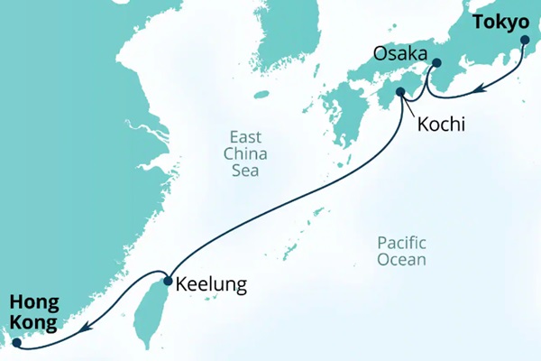 Carte de l’itinéraire Seabourn Encore, Tokyo, Japon → Hong Kong, Chine