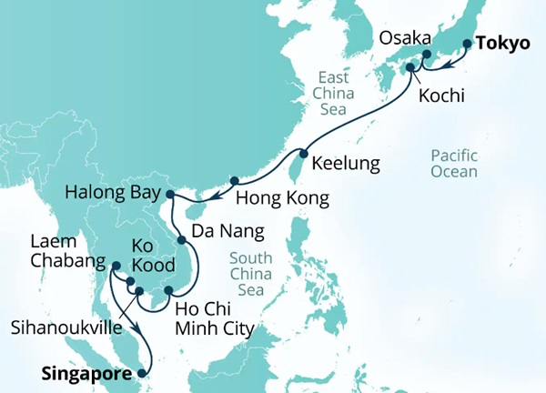 Carte de l’itinéraire Seabourn Encore, Tokyo, Japon → Singapour