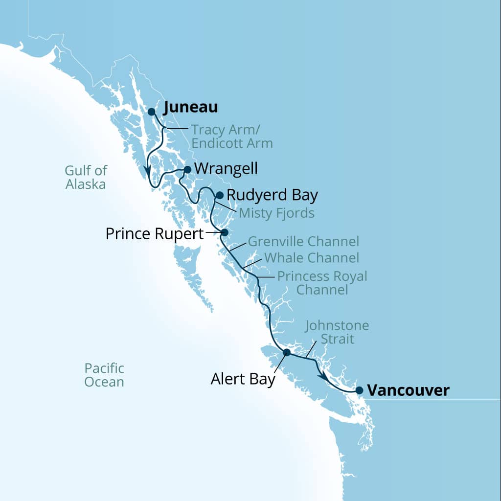 Carte de l’itinéraire Seabourn Encore, Juneau, Alaska, États-Unis → Vancouver, B.C., CA