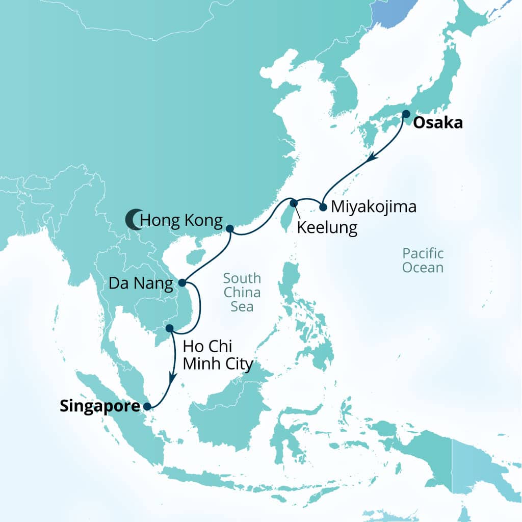 Carte de l’itinéraire Seabourn Encore, Osaka, Japon → Singapour
