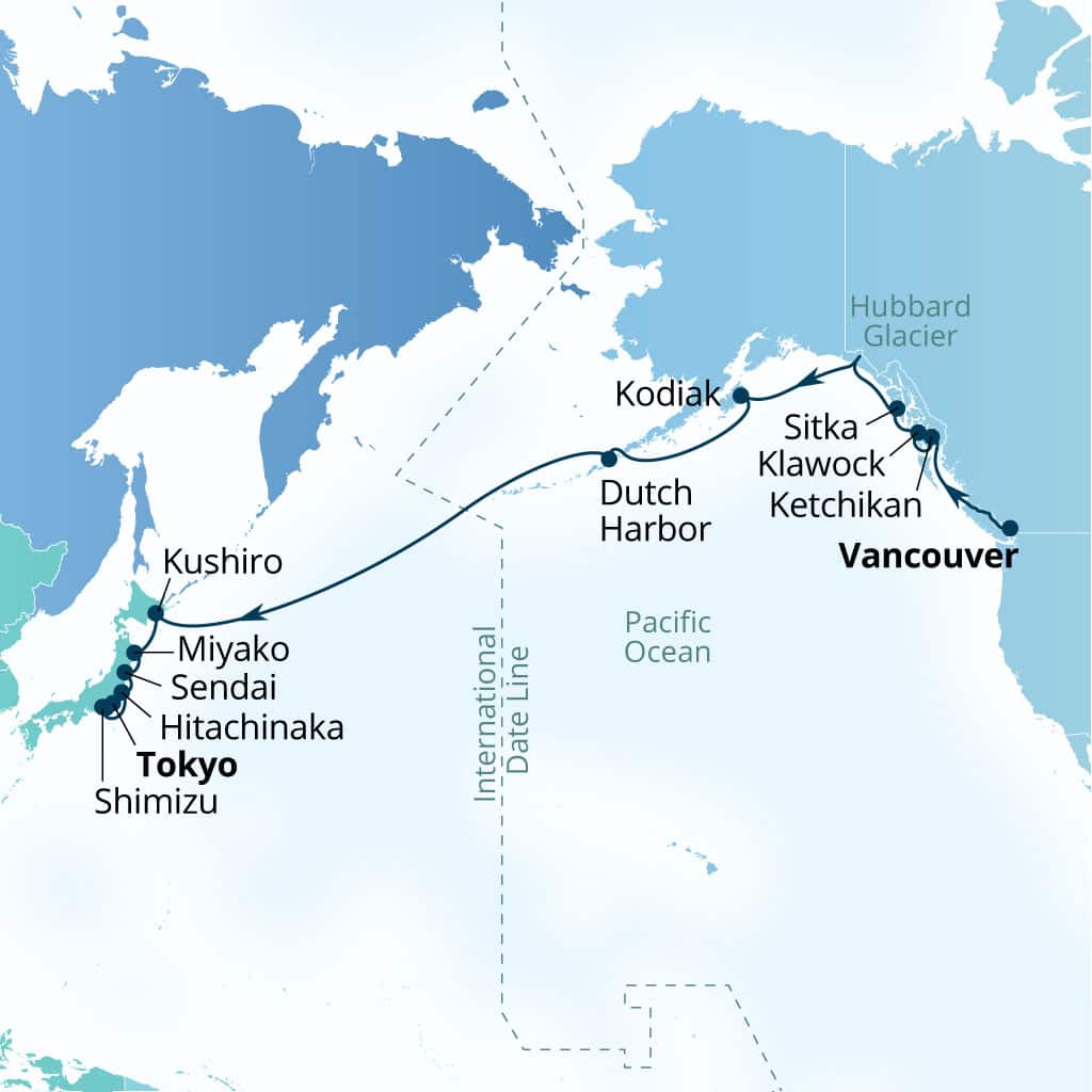 Carte de l’itinéraire Seabourn Encore, Vancouver, B.C., CA → Tokyo, Japon