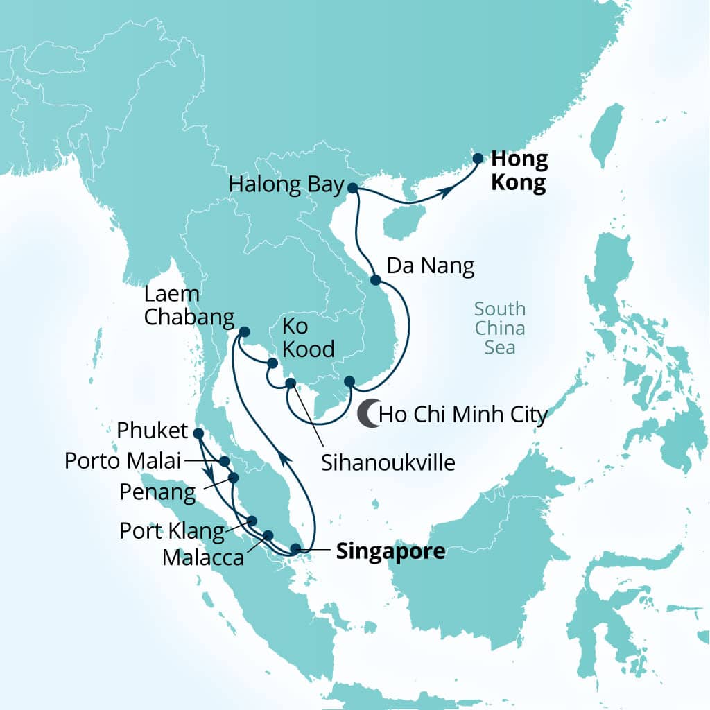 Carte de l’itinéraire Seabourn Encore, Singapour → Hong Kong, Chine
