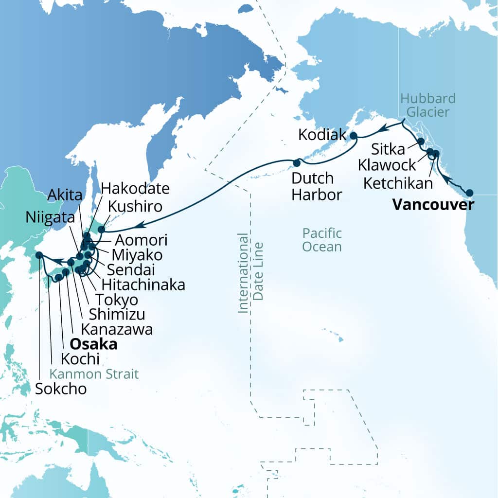 Carte de l’itinéraire Seabourn Encore, Vancouver, B.C., CA → Osaka, Japon