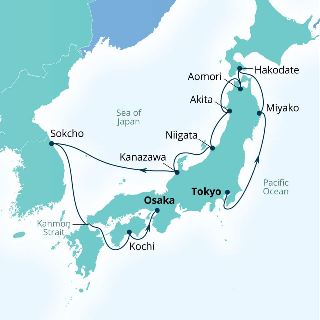 Carte de l’itinéraire Seabourn Encore, Tokyo, Japon → Osaka, Japon