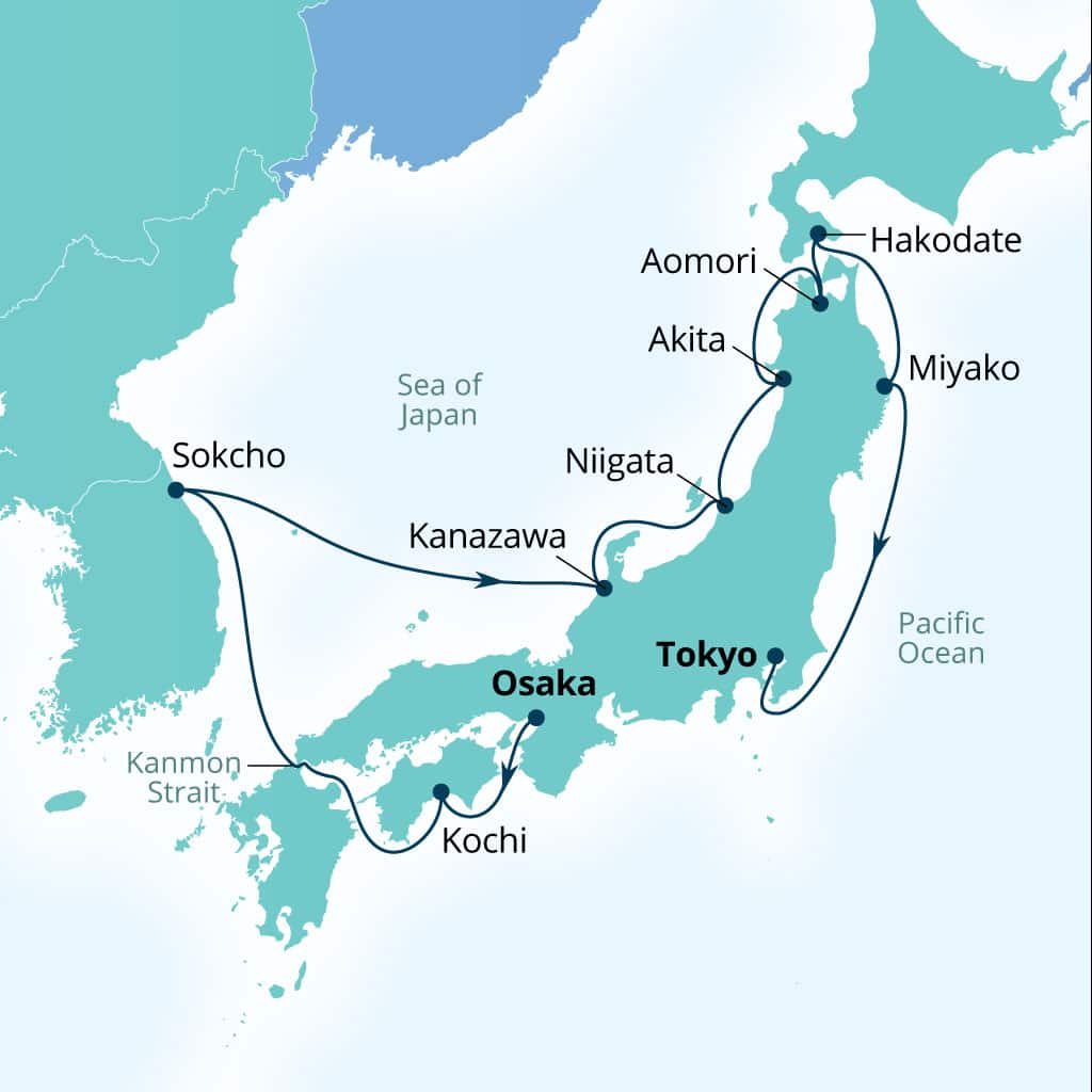 Carte de l’itinéraire Seabourn Encore, Osaka, Japon → Tokyo, Japon