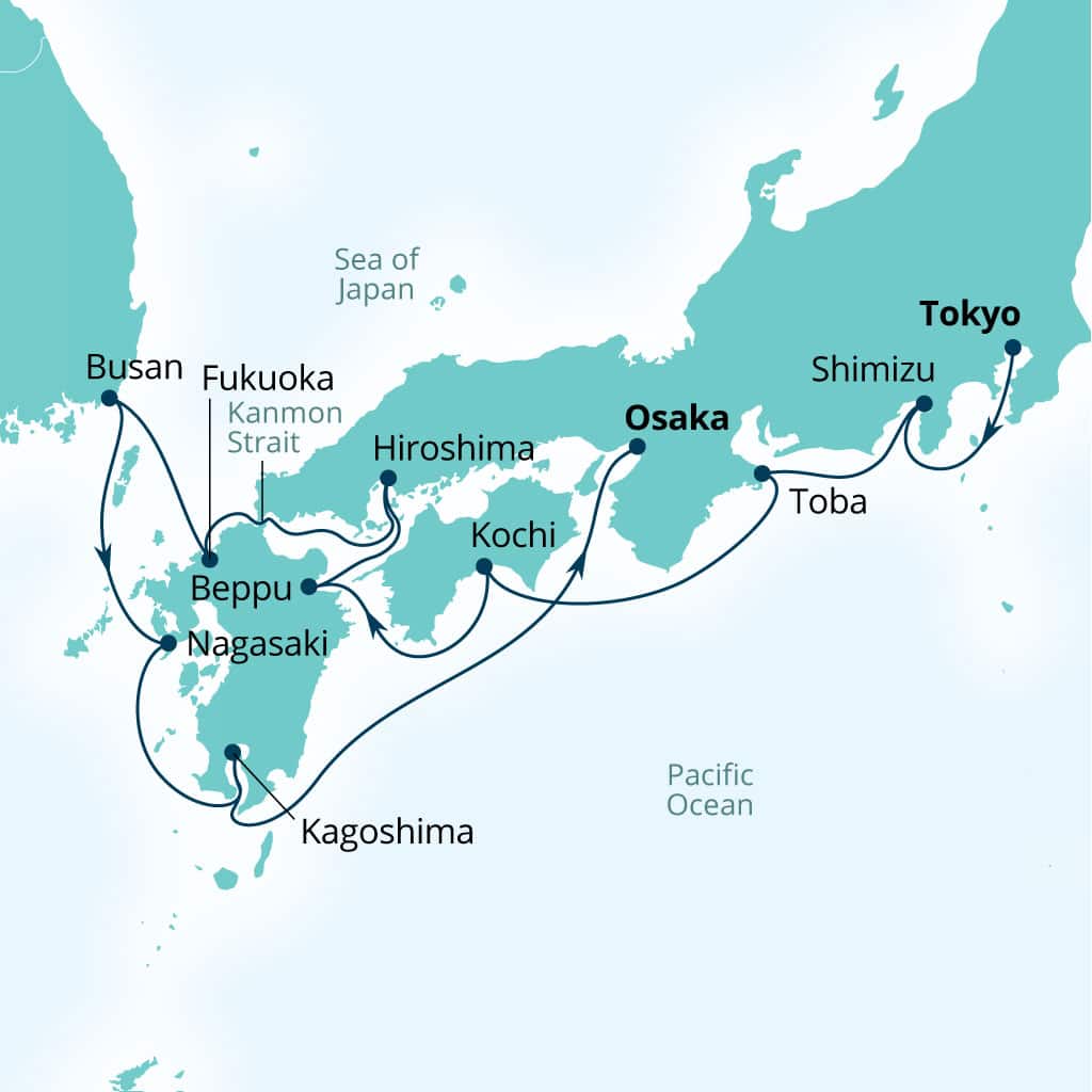 Carte de l’itinéraire Seabourn Encore, Tokyo, Japon → Osaka, Japon