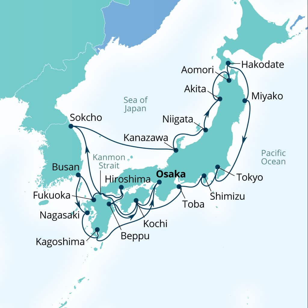 Carte de l’itinéraire Seabourn Encore, Osaka, Japon → Osaka, Japon