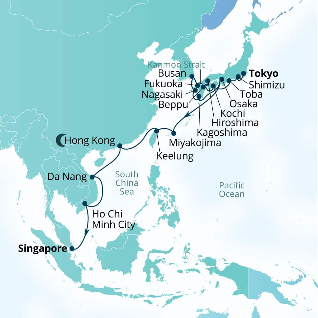 Carte de l’itinéraire Seabourn Encore, Tokyo, Japon → Singapour