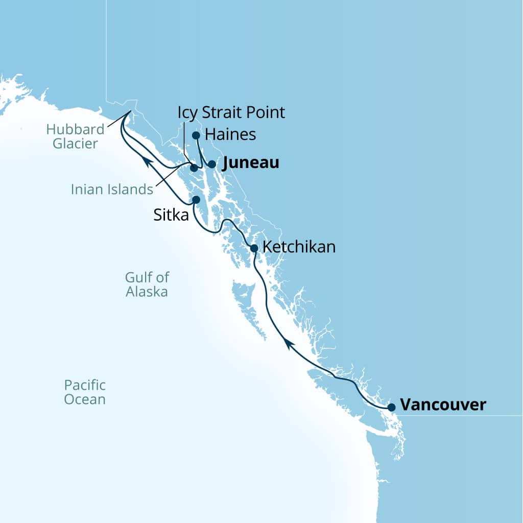Carte de l’itinéraire Seabourn Encore, Vancouver, B.C., CA → Juneau, Alaska, États-Unis