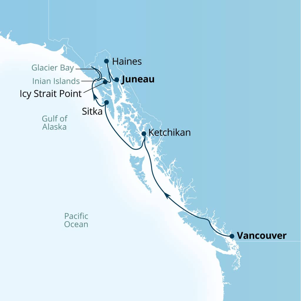 Carte de l’itinéraire Seabourn Encore, Vancouver, B.C., CA → Juneau, Alaska, États-Unis