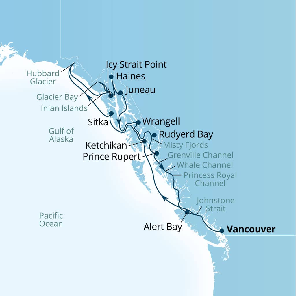 Carte de l’itinéraire Seabourn Encore, Vancouver, B.C., CA → Vancouver, B.C., CA