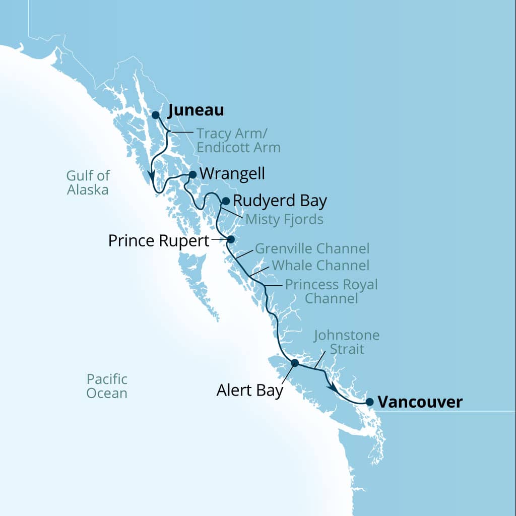 Carte de l’itinéraire Seabourn Encore, Juneau, Alaska, États-Unis → Vancouver, B.C., CA