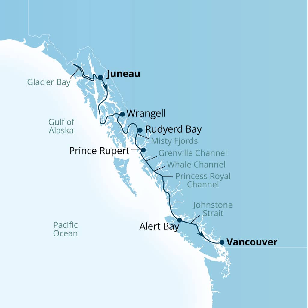 Carte de l’itinéraire Seabourn Encore, Juneau, Alaska, États-Unis → Vancouver, B.C., CA