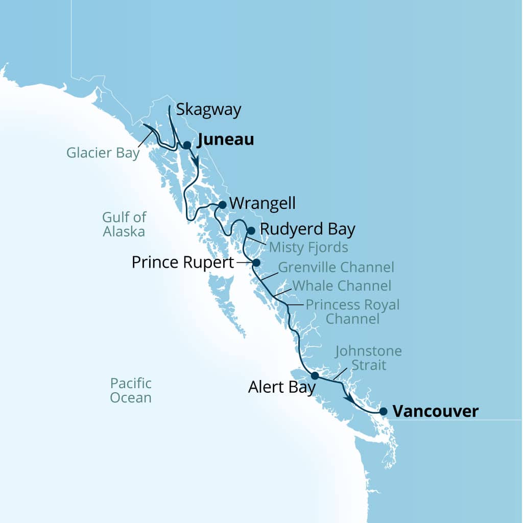 Carte de l’itinéraire Seabourn Encore, Juneau, Alaska, États-Unis → Vancouver, B.C., CA