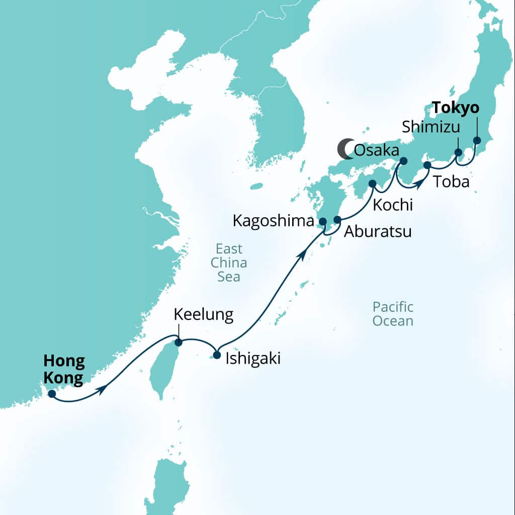 Carte de l’itinéraire Seabourn Encore, Hong Kong, Chine → Tokyo, Japon