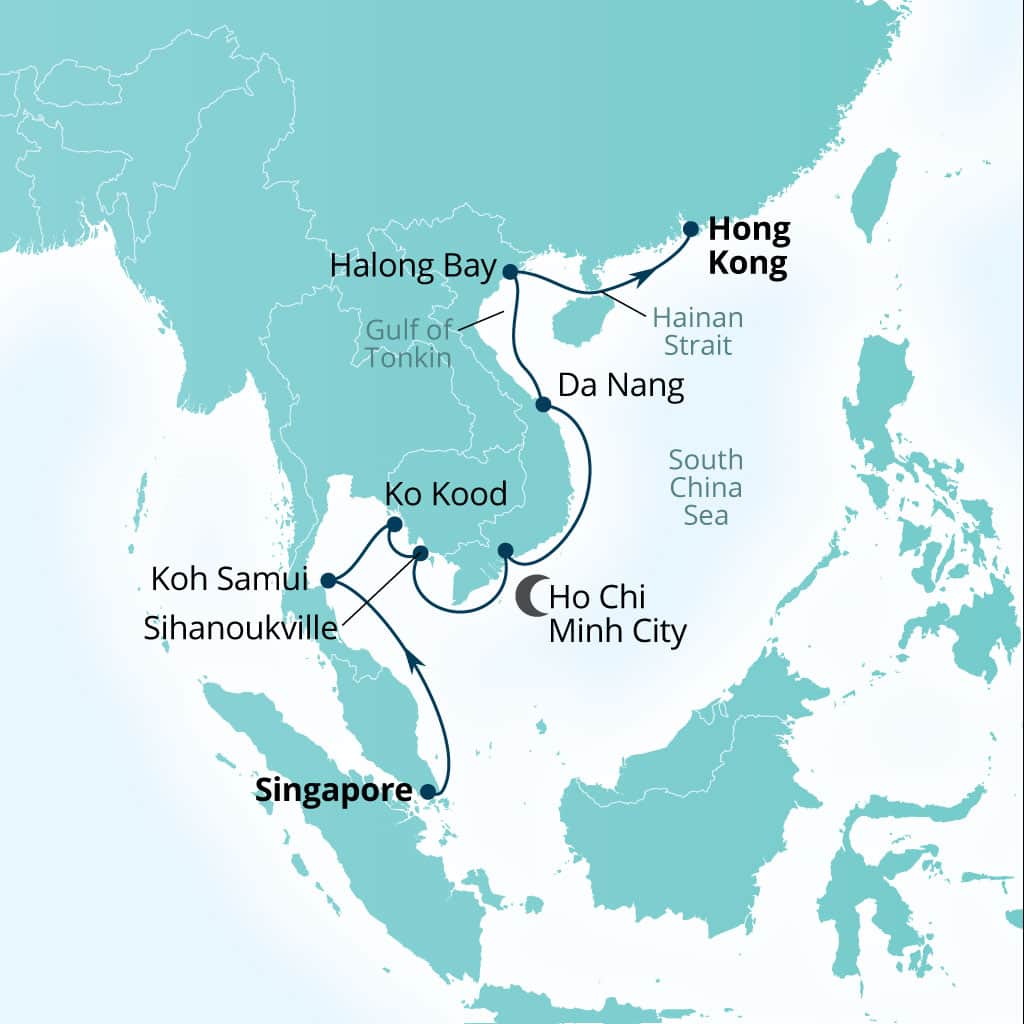 Carte de l’itinéraire Seabourn Encore, Singapour → Hong Kong, Chine