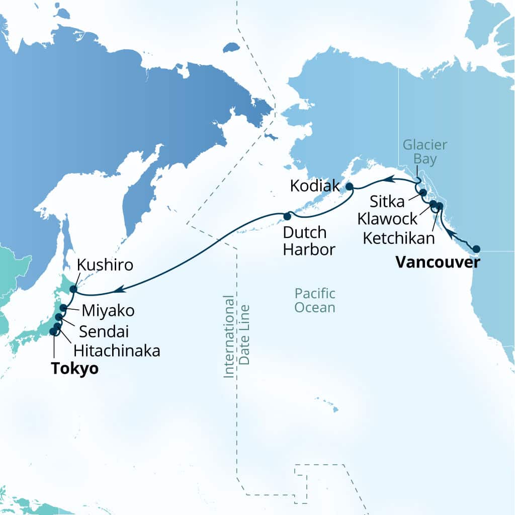 Carte de l’itinéraire Seabourn Encore, Vancouver, B.C., CA → Tokyo, Japon