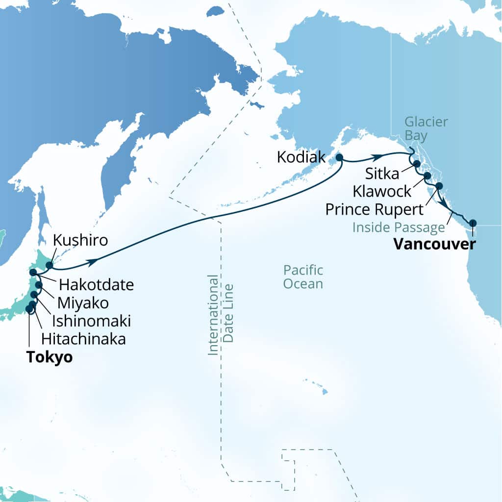 Carte de l’itinéraire Seabourn Encore, Tokyo, Japon → Vancouver, B.C., CA