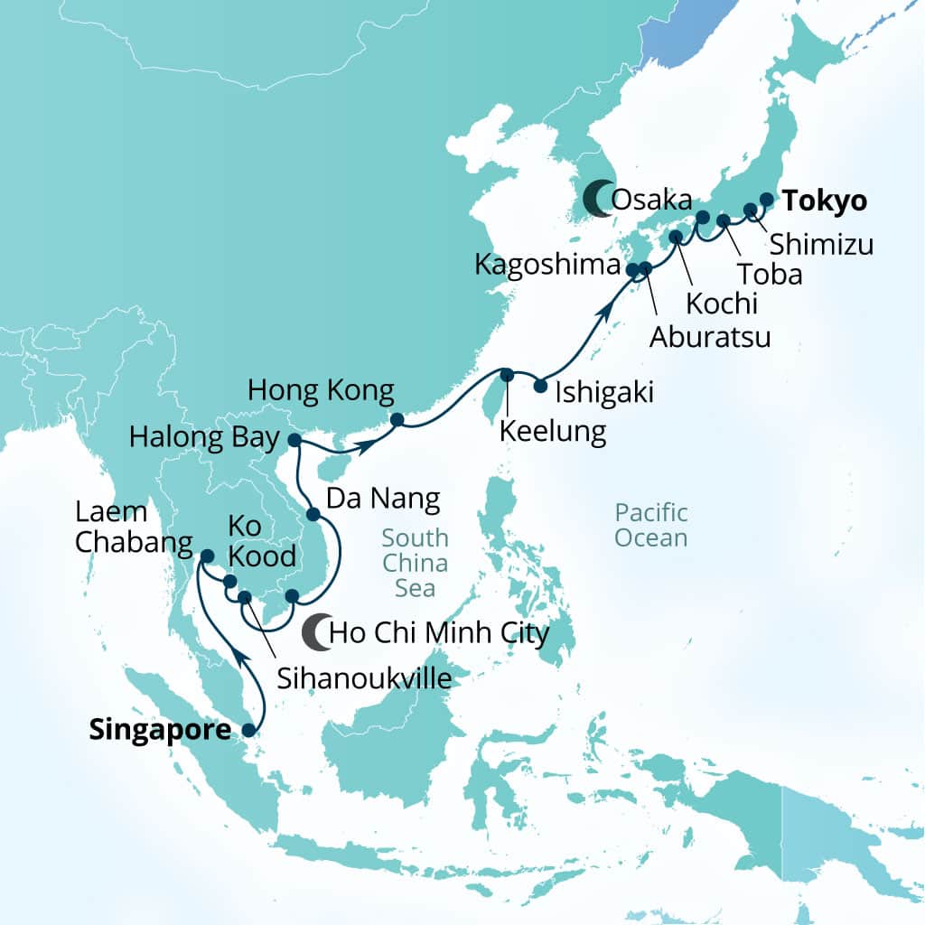 Carte de l’itinéraire Seabourn Encore, Singapour → Tokyo, Japon