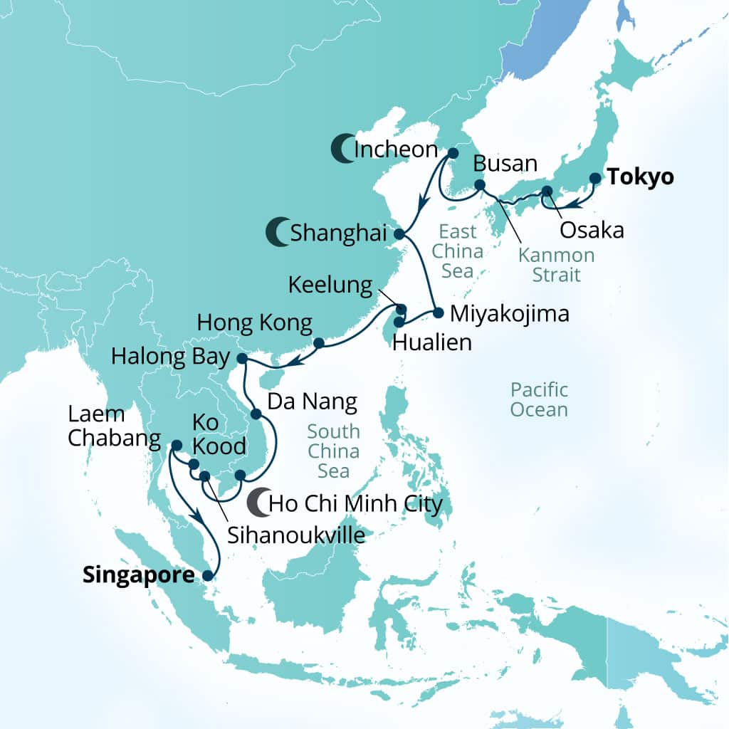 Carte de l’itinéraire Seabourn Encore, Tokyo, Japon → Singapour