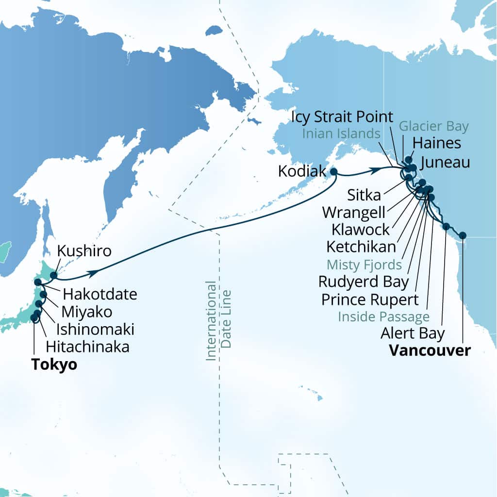Carte de l’itinéraire Seabourn Encore, Tokyo, Japon → Vancouver, B.C., CA