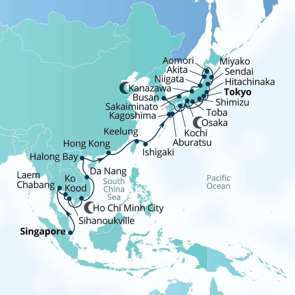 Carte de l’itinéraire Seabourn Encore, Singapour → Tokyo, Japon