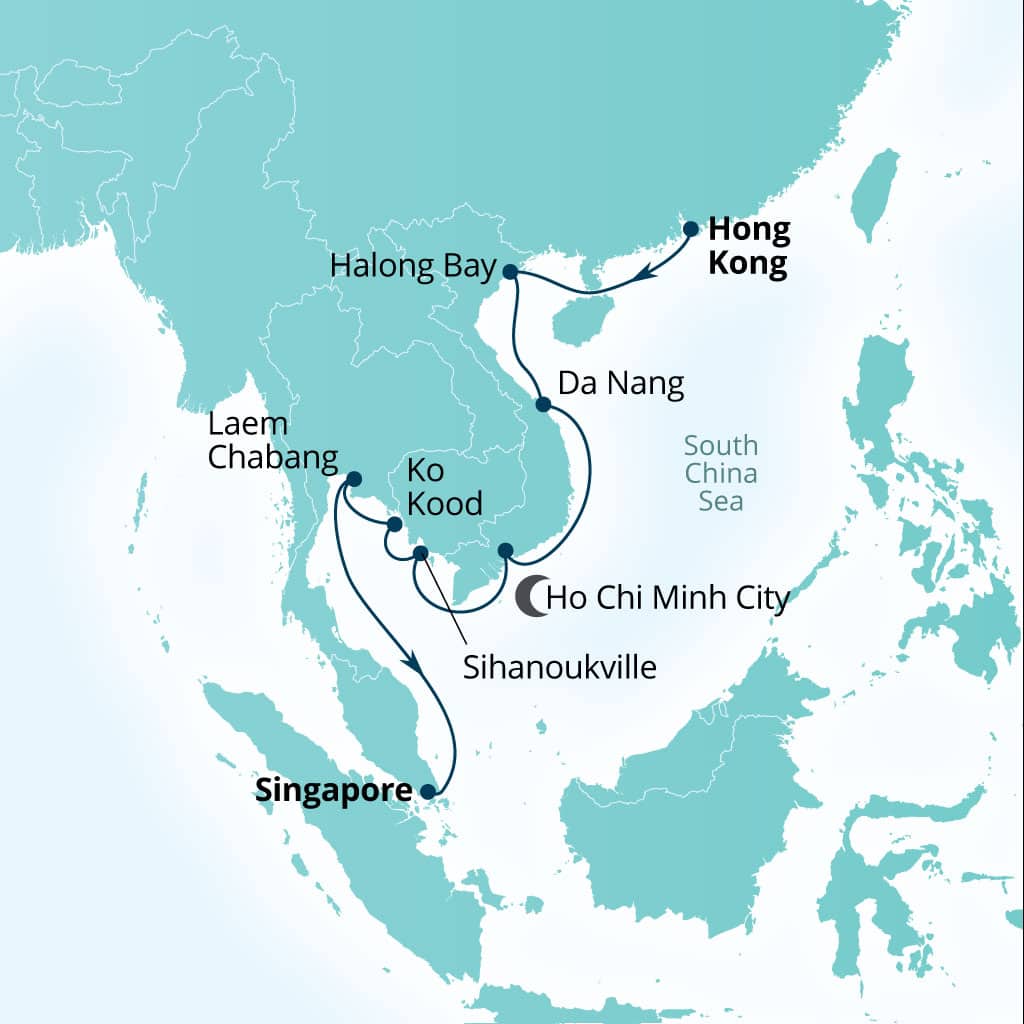 Carte de l’itinéraire Seabourn Encore, Hong Kong, Chine → Singapour