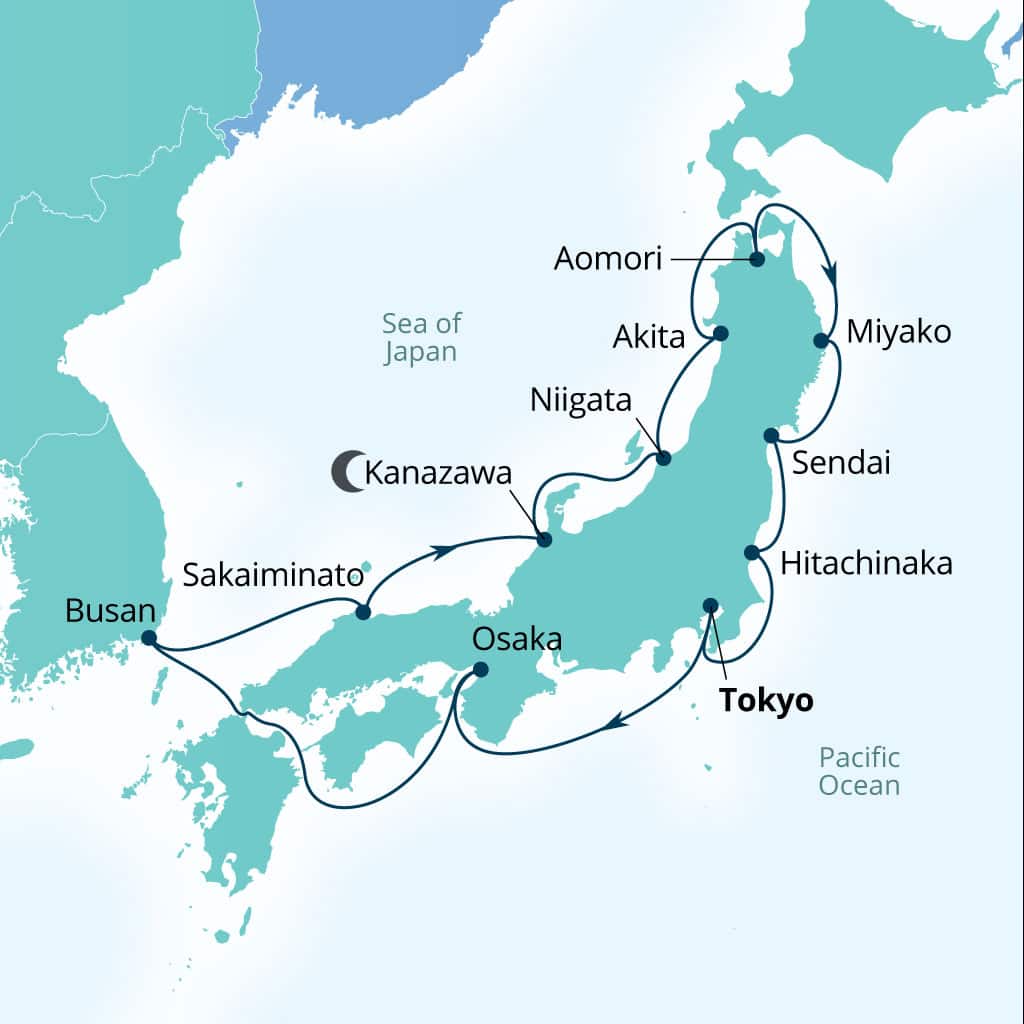 Carte de l’itinéraire Seabourn Encore, Tokyo, Japon → Tokyo, Japon