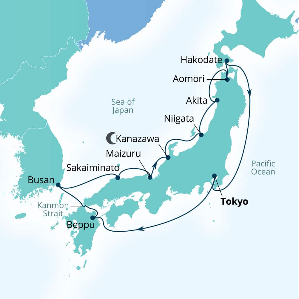 Carte de l’itinéraire Seabourn Encore, Tokyo, Japon → Tokyo, Japon