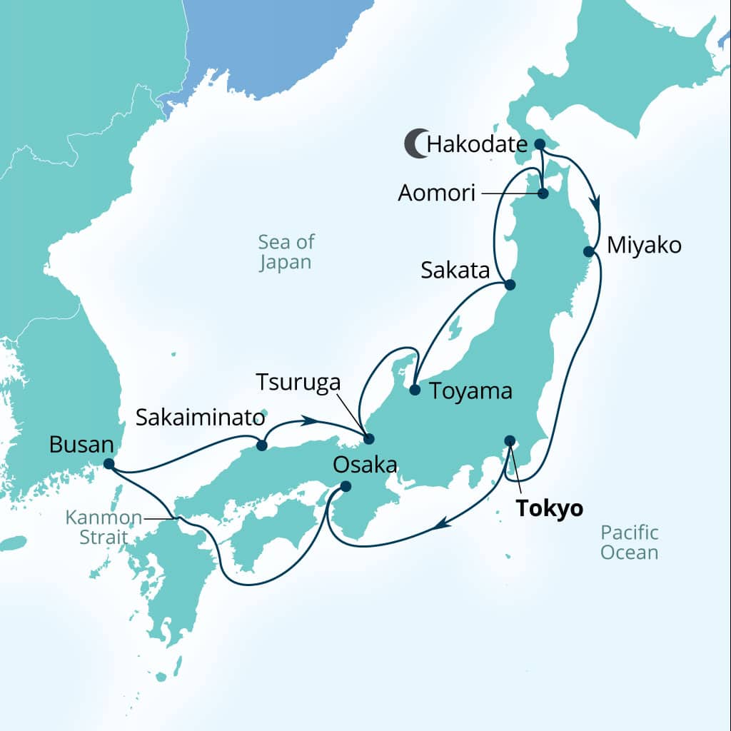 Carte de l’itinéraire Seabourn Encore, Tokyo, Japon → Tokyo, Japon