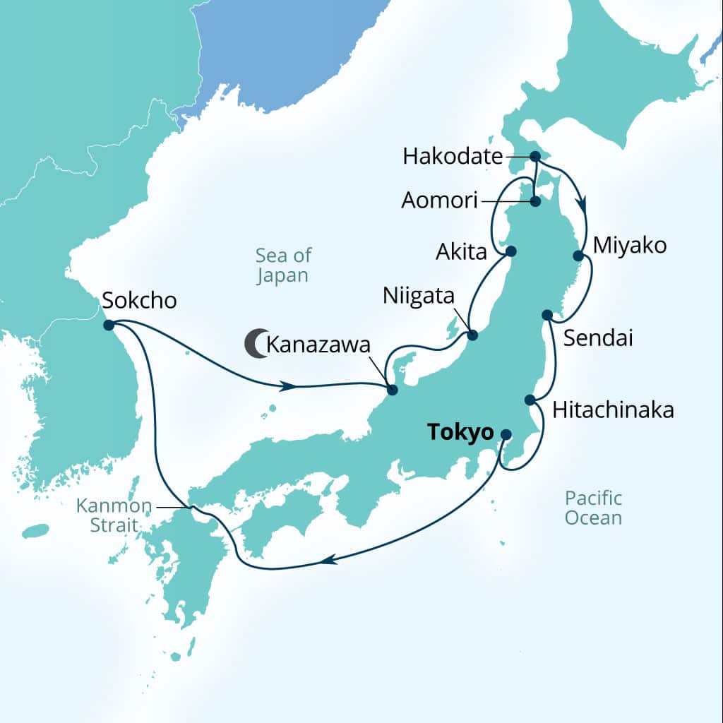 Carte de l’itinéraire Seabourn Encore, Tokyo, Japon → Tokyo, Japon