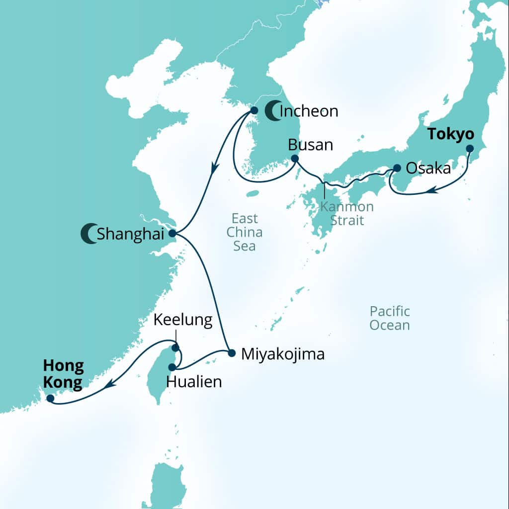 Carte de l’itinéraire Seabourn Encore, Tokyo, Japon → Hong Kong, Chine