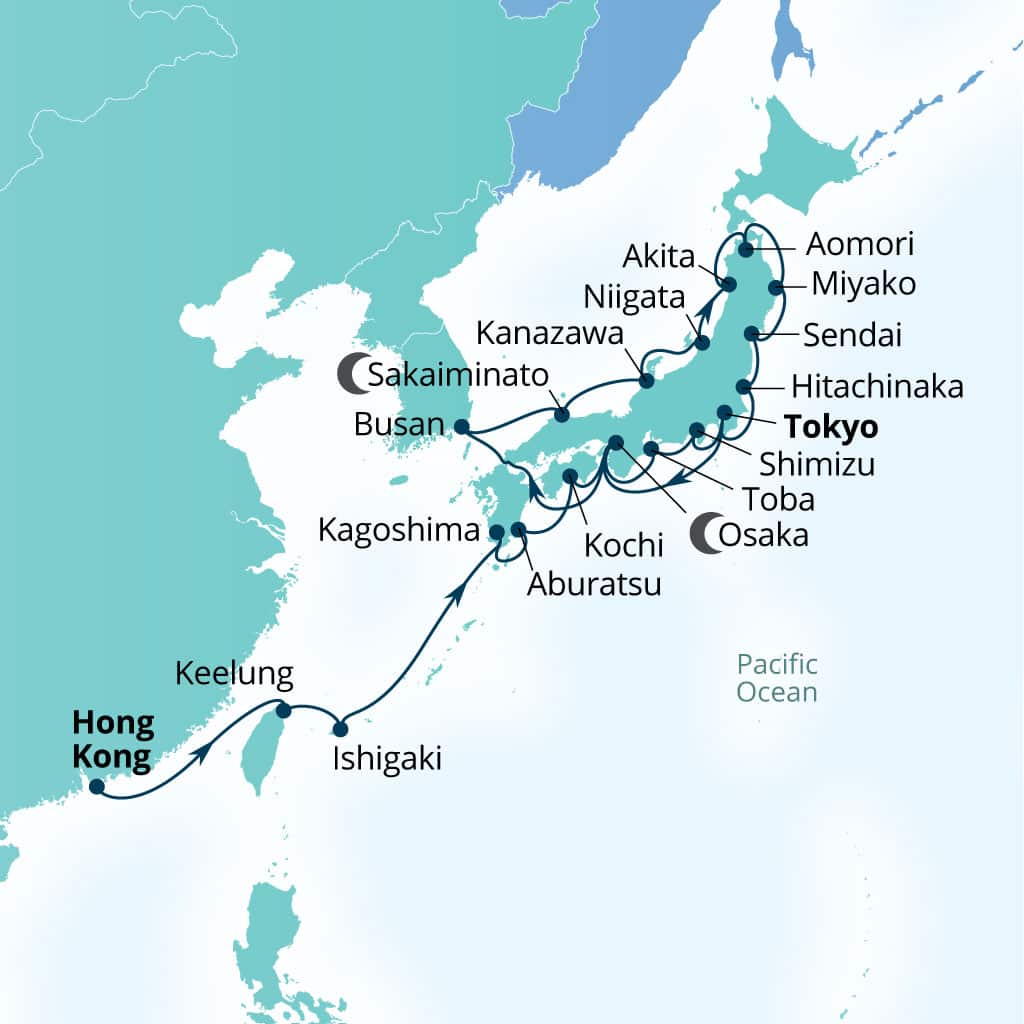 Carte de l’itinéraire Seabourn Encore, Hong Kong, Chine → Tokyo, Japon