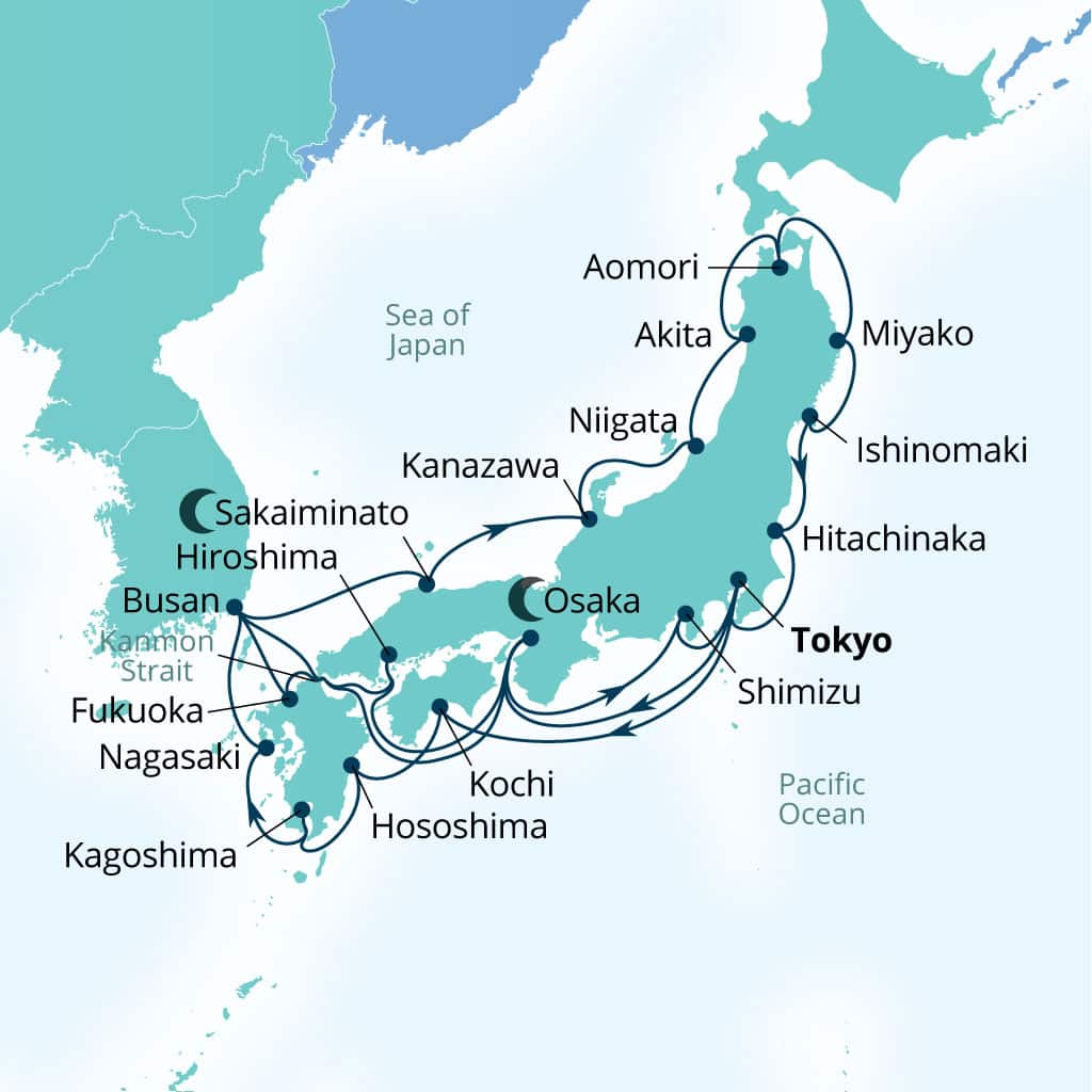 Carte de l’itinéraire Seabourn Encore, Tokyo, Japon → Tokyo, Japon
