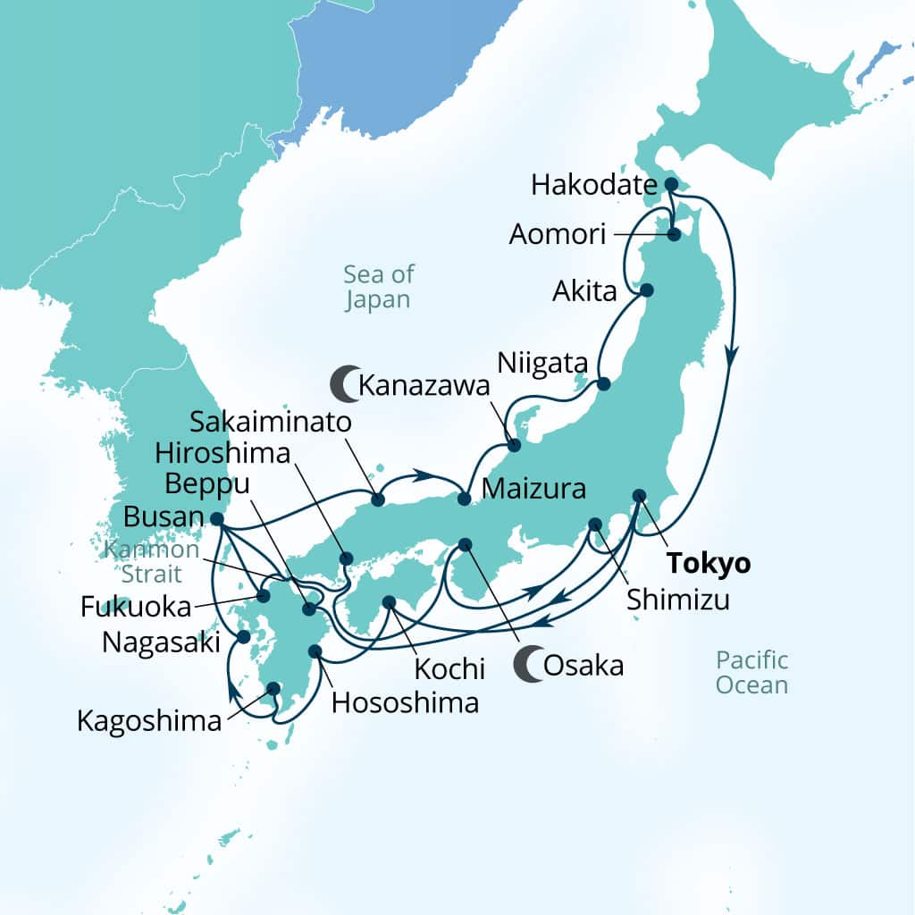 Carte de l’itinéraire Seabourn Encore, Tokyo, Japon → Tokyo, Japon