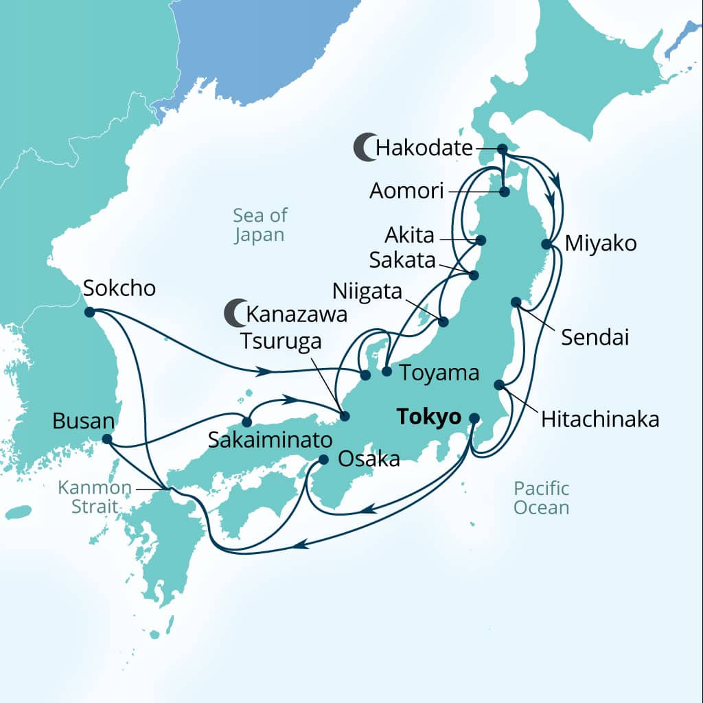Carte de l’itinéraire Seabourn Encore, Tokyo, Japon → Tokyo, Japon