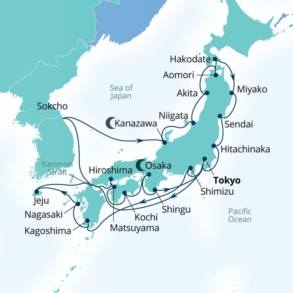 Carte de l’itinéraire Seabourn Encore, Tokyo, Japon → Tokyo, Japon