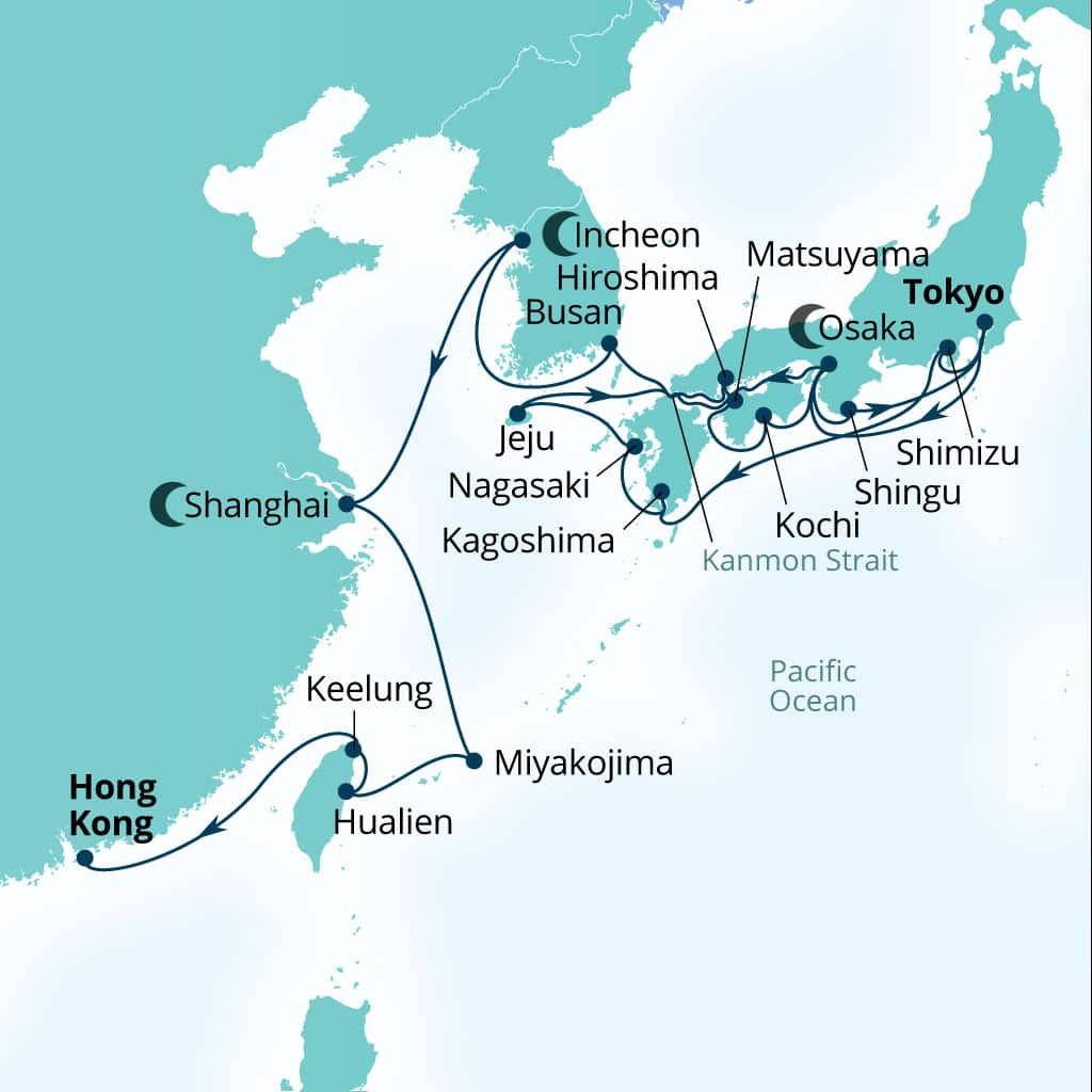 Carte de l’itinéraire Seabourn Encore, Tokyo, Japon → Hong Kong, Chine