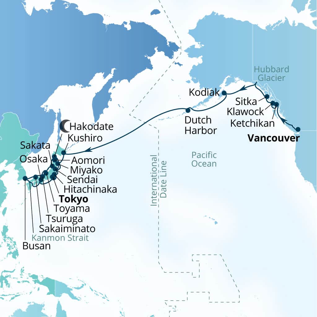 Carte de l’itinéraire Seabourn Encore, Vancouver, B.C., CA → Tokyo, Japon